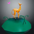 Cute Orange Fawn Standing On Green Round Platform With Curly Green Plants And Pink Butterfly
