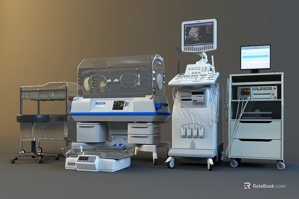 Essential Medical Devices Including Incubator Ultrasound Machine Patient Monitor And Cart For Hospitals 3d model 