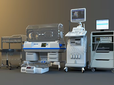 Essential Medical Devices Including Incubator Ultrasound Machine Patient Monitor And Cart For Hospitals 3d model