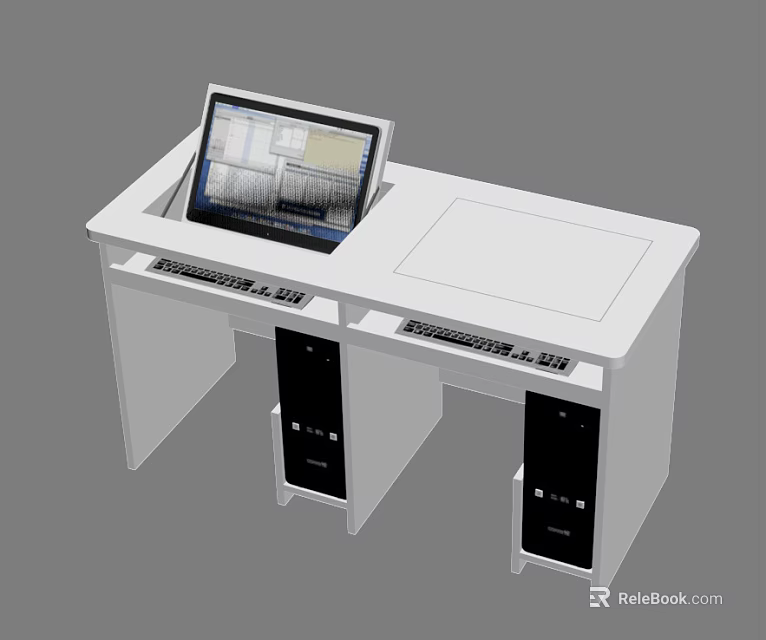 Modern White Office Desk With Laptop Dual Keyboards And Computer Towers 3d model 