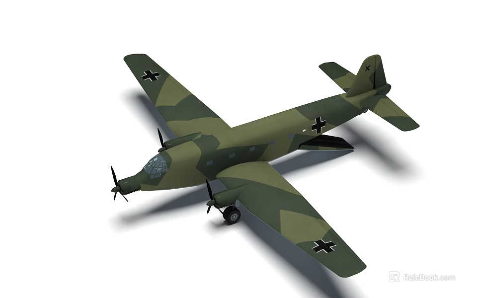 Vintage Fighter Aircraft with Green Camouflage Paint Black Cross Insignia on Wings and Twin Propellers 3d model 