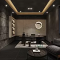 Modern Private Dining Room With Round Table Black Chairs Golden Pendant Light And Decorative Flowers