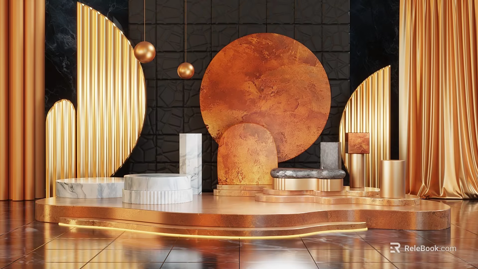 Modern Commercial Equipment Display With Golden Curved Accents And Marble Platforms 3d model 