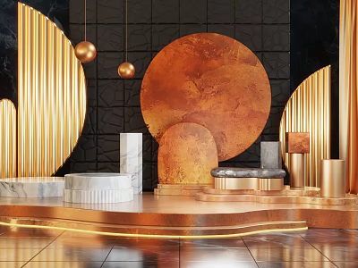 Modern Commercial Equipment Display With Golden Curved Accents And Marble Platforms 3d model