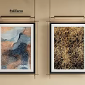 Framed Oil Paintings With Abstract Blue Orange Black And Golden Brown Textures Hanging On Wall
