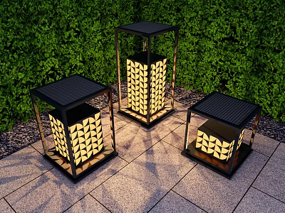 Three Abstract Floor Lamps Featuring Geometric Pattern Shades Outdoor Green Hedge Stone Pavement 3d model