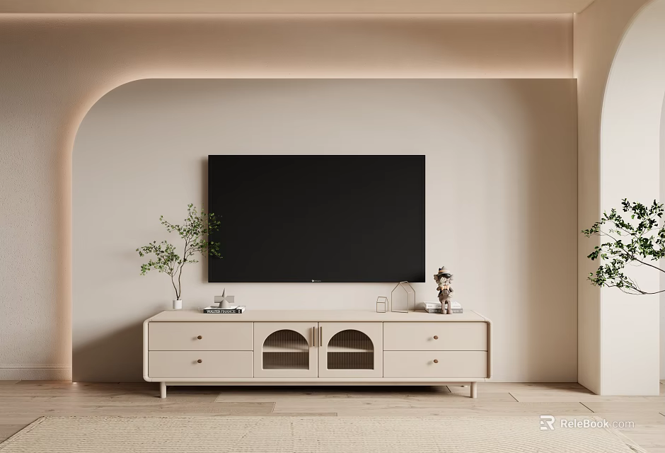 Beige Modern TV Stand With Black TV Arched Wall Green Plants And Decorative Items 3d model 