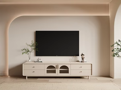 Beige Modern TV Stand With Black TV Arched Wall Green Plants And Decorative Items 3d model