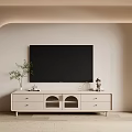 Beige Modern TV Stand With Black TV Arched Wall Green Plants And Decorative Items