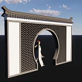 Chinese Scenic Wall with Circular Archway Lattice and Person in White Walking Holding Flower Bouquet