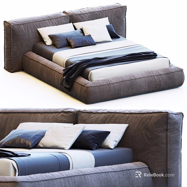Modern Double Bed Design with Brown Platform Frame White Dark Pillows and Soft Blanket 3d model 
