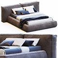 Modern Double Bed Design with Brown Platform Frame White Dark Pillows and Soft Blanket 3d model