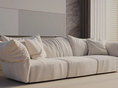 Beige Fabric Three Seater Sofa With Plush Cushions In Modern Living Room 3d model