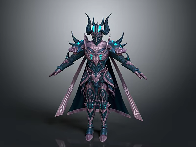 Elaborate Fantasy Warrior Character With Horned Helmet Blue Glowing Accents And Dark Cape 3d model