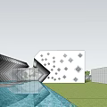 Modern Sales Office Building With Geometric Patterns Black White Stripes And Reflective Water Surface