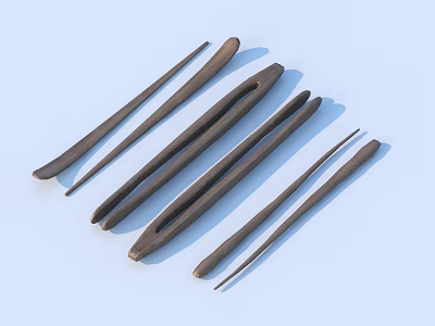 Elegant Dark Wooden Tea Utensils With Long Slender Handles Including Tongs Spoon Scoop And Needle 3d model