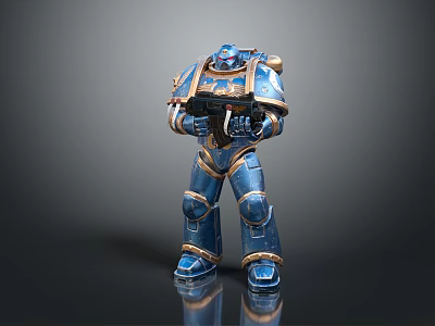 Blue Armored Sci Fi Warrior Character In Battle Ready Pose With Shiny Armor 3d model