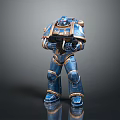 Blue Armored Sci Fi Warrior Character In Battle Ready Pose With Shiny Armor