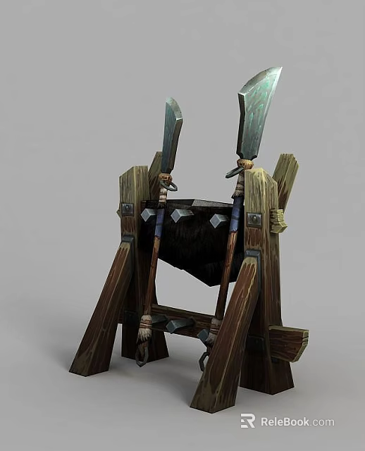 Tech Exhibition Hall Featuring Wooden Structure With Axe Shaped Metal Parts And Black Leather Padding 3d model 