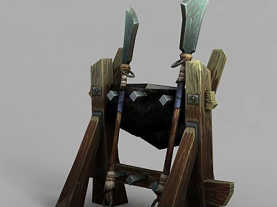 Tech Exhibition Hall Featuring Wooden Structure With Axe Shaped Metal Parts And Black Leather Padding 3d model