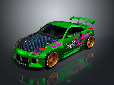 Green Sports Car with Carbon Fiber Hood Pink Graphics Rear Spoiler and Orange Wheels 3d model