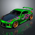 Green Sports Car with Carbon Fiber Hood Pink Graphics Rear Spoiler and Orange Wheels