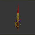 3D Rendered Weapon with Spiral Shaped Red Spike Top Yellow Orange Gradient Purple Pink Flowers