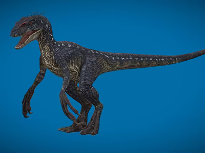 Scaly Reptile Dinosaur Model on Blue Background with Open Mouth Sharp Teeth and Long Tail 3d model