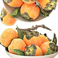 Fresh Ripe Persimmons in Ceramic Bowl with Green Leaves and Wooden Branch