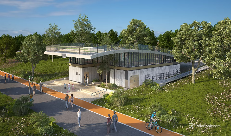 Modern Public Building in Green Landscape with Pedestrians Cyclists and Glass Design 3d model 