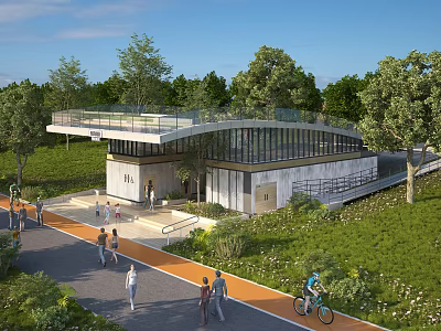 Modern Public Building in Green Landscape with Pedestrians Cyclists and Glass Design 3d model