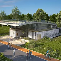 Modern Public Building in Green Landscape with Pedestrians Cyclists and Glass Design
