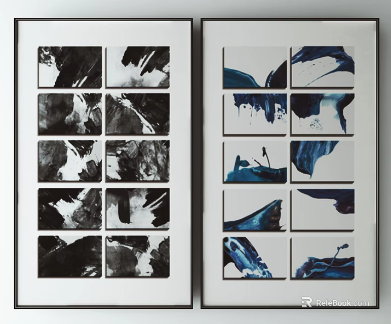 Abstract Framed Wall Art Prints With Black White Blue Grid Design Panels 3d model 