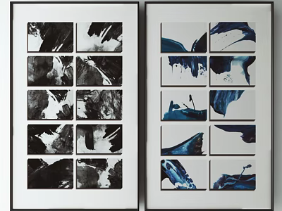 Abstract Framed Wall Art Prints With Black White Blue Grid Design Panels 3d model