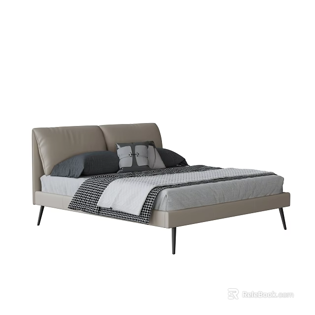 Modern Double Bed With Leather Headboard Light Gray Frame And Black Legs 3d model