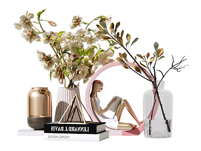 Decorative Ornament Set With Cherry Blossom Branches Golden Figure Pink Round Mirror Vases And Books 3d model