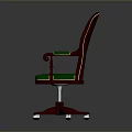 Green Velvet Dining Chair With Tufted Backrest Carved Wooden Armrests And Red Wooden Wheeled Legs