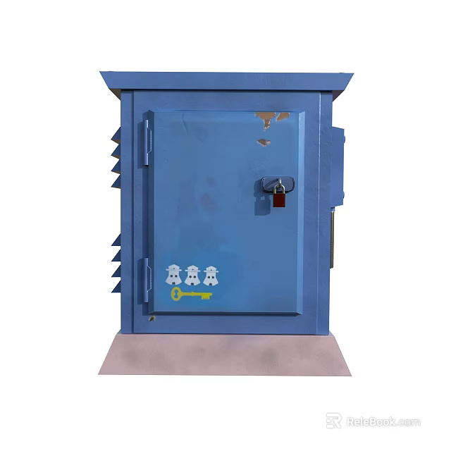 Industrial Equipment Blue Cabinet With Lockable Door Cooling Fins And Safety Icons 3d model 