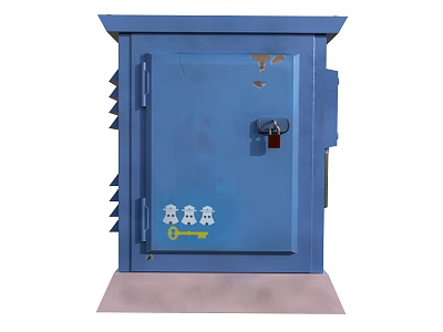 Industrial Equipment Blue Cabinet With Lockable Door Cooling Fins And Safety Icons 3d model