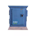 Industrial Equipment Blue Cabinet With Lockable Door Cooling Fins And Safety Icons