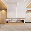 Bright Natural Wood Tone Living Room Interior With Soft Sofa And Large Wall Mounted TV