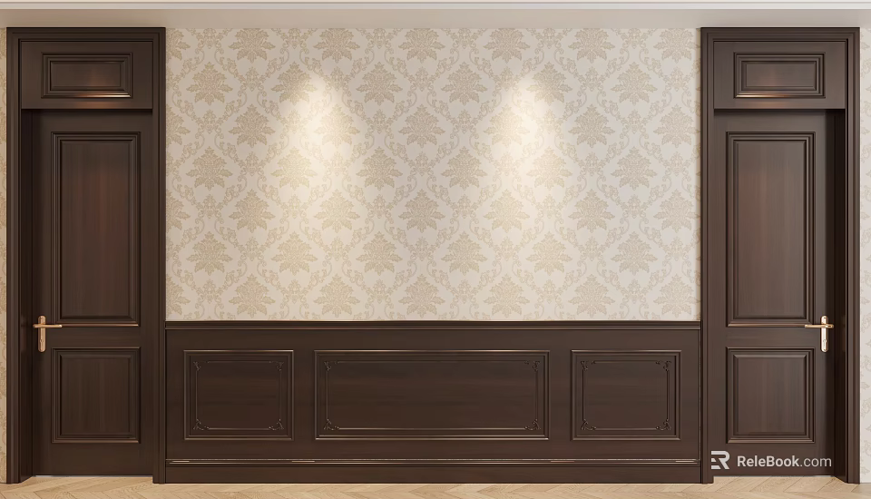 Classic Interior Wall Design Featuring Dark Wooden Wainscoting And Patterned Wallpaper 3d model 