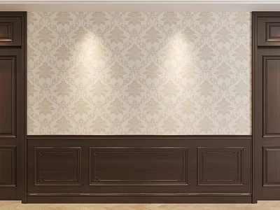Classic Interior Wall Design Featuring Dark Wooden Wainscoting And Patterned Wallpaper 3d model
