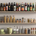 Various Glass Spice Bottles And Jars On Layered Kitchen Storage Shelves