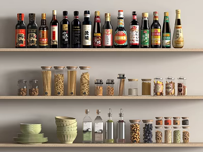 Various Glass Spice Bottles And Jars On Layered Kitchen Storage Shelves 3d model