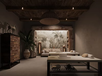 Serene SPA Sauna Interior With Wooden Ceiling Stone Walls Massage Tables And Landscape Screen 3d model