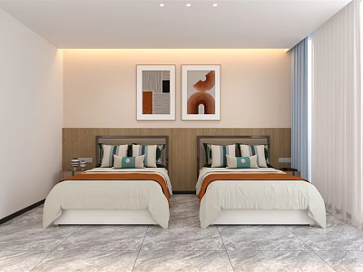 Modern Hotel Guest Room With Twin Beds Wooden Headboard Decorative Paintings And Marble Flooring 3d model