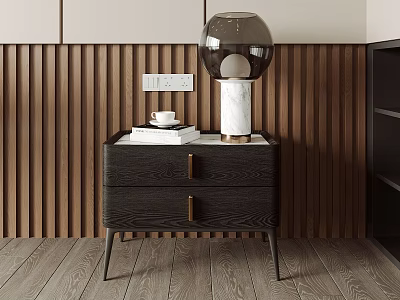 Modern Wooden Nightstand With Marble Lamp Cup And Book On Wooden Wall Background 3d model