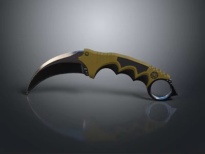 Tactical Karambit Knife With Yellow And Black Textured Handle Curved Blade And Finger Ring 3d model