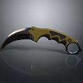 Tactical Karambit Knife With Yellow And Black Textured Handle Curved Blade And Finger Ring